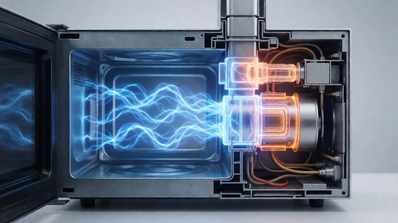 Cross-section view of microwave internals showing magnetron and energy waves