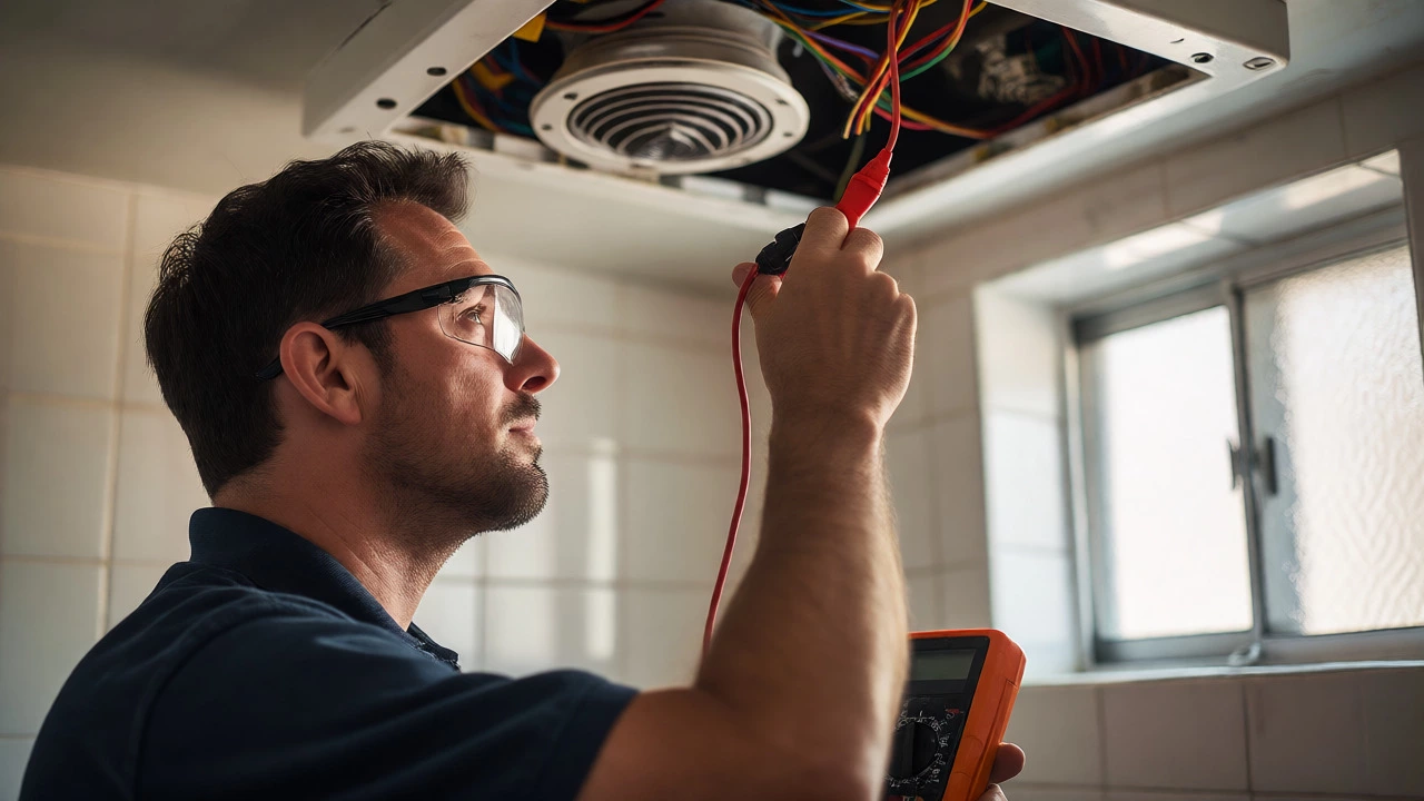 Electrician testing extractor fan wiring with multimeter