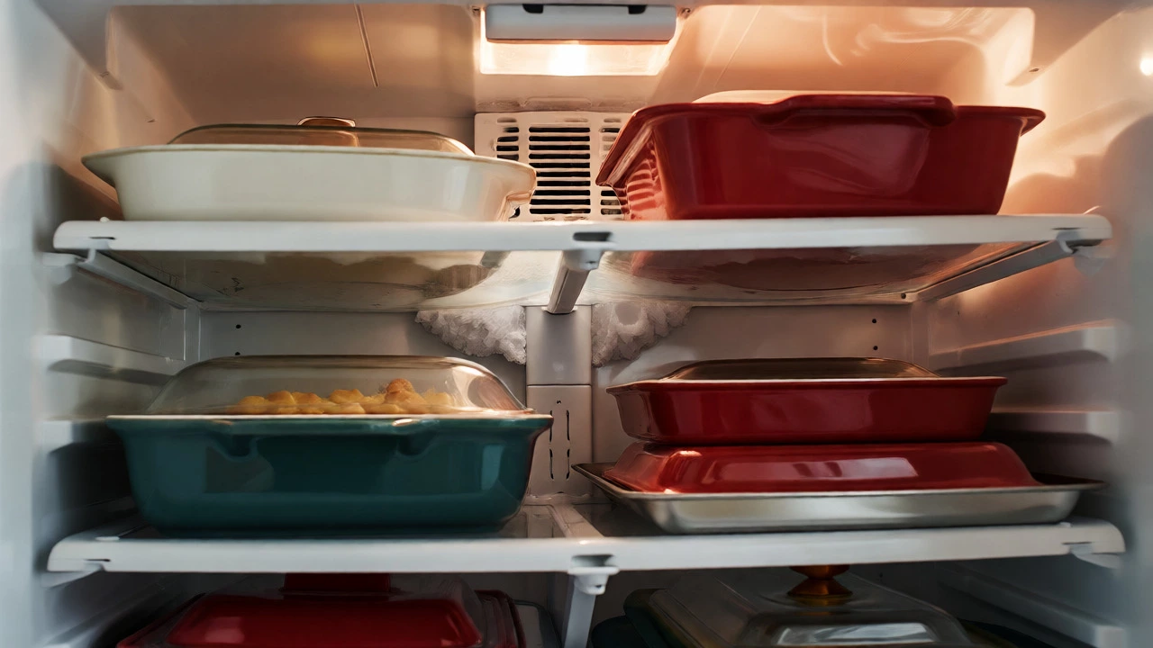 Food containers blocking rear air vents inside a refrigerator causing cooling failure.