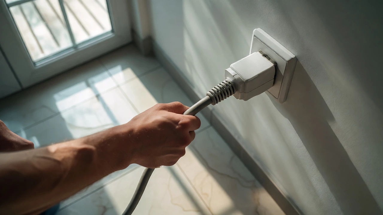 Hands unplugging a freezer power cord from a wall socket to reset the appliance.