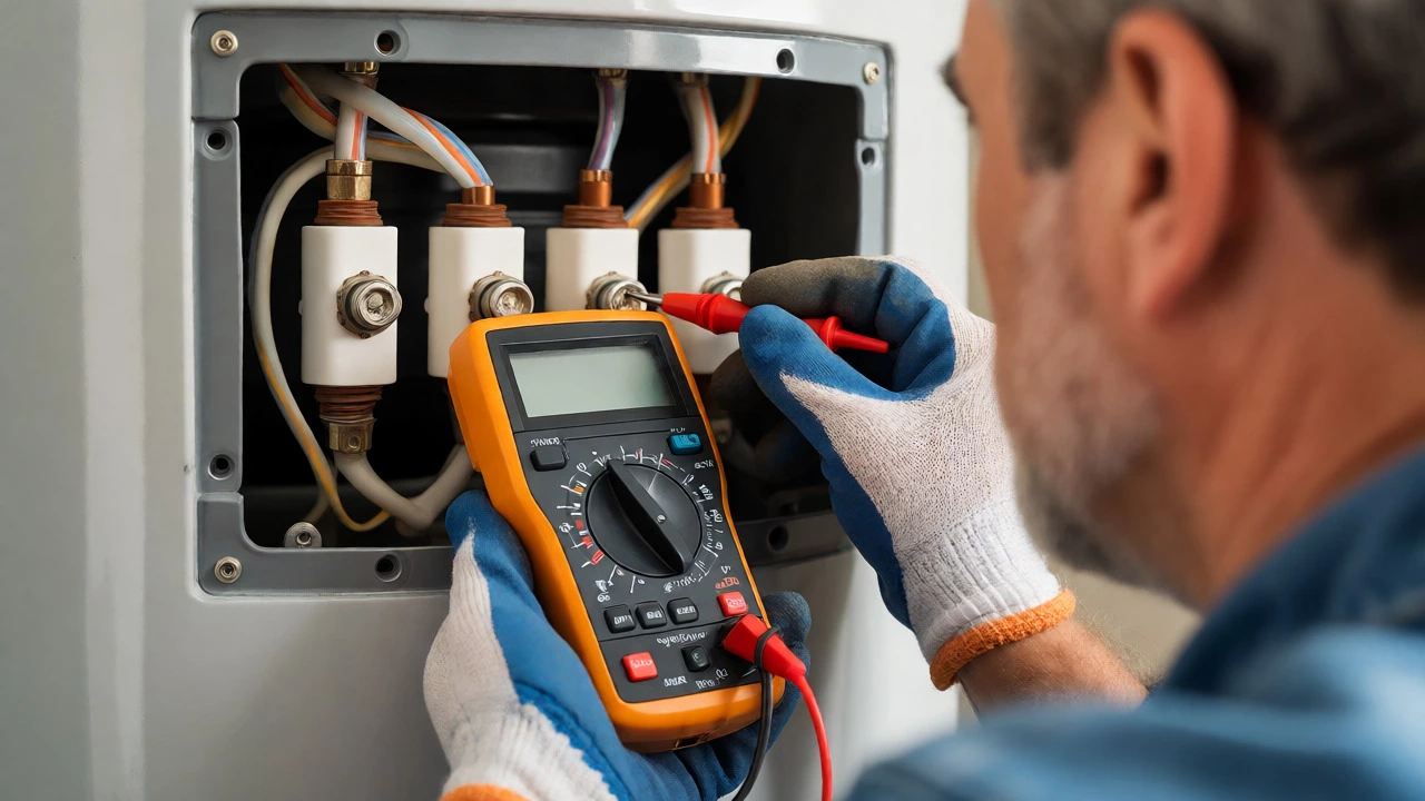 Homeowner testing a water heater element with a multimeter.