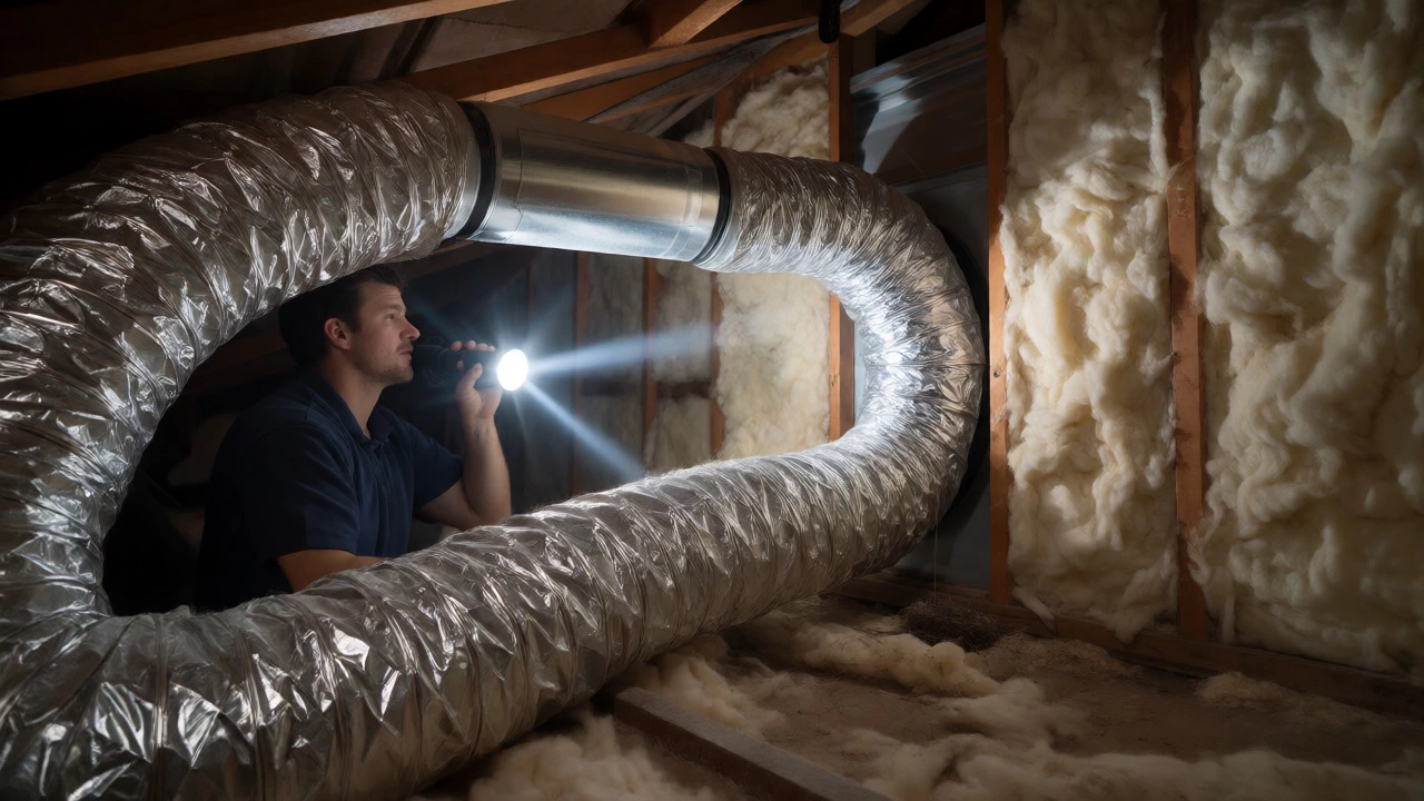 HVAC technician inspecting attic ductwork for blockages