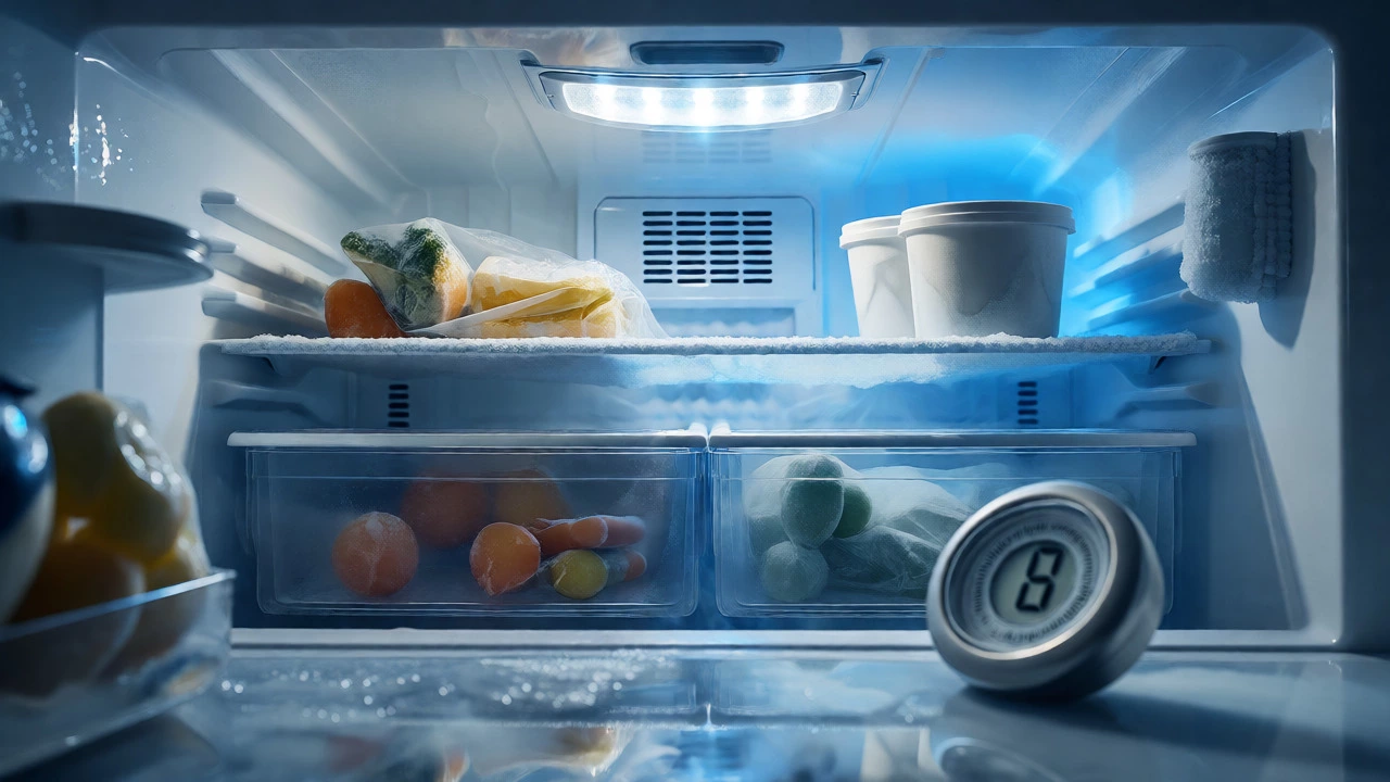 Interior of a stocked freezer with frost and a thermometer indicating it is cooling properly.