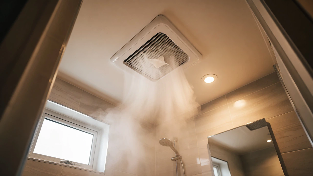 Modern bathroom with functioning extractor fan clearing steam