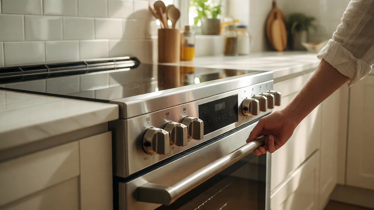 Modern stainless steel stove in a bright kitchen with a hand resting on the handle, symbolizing upgrade.