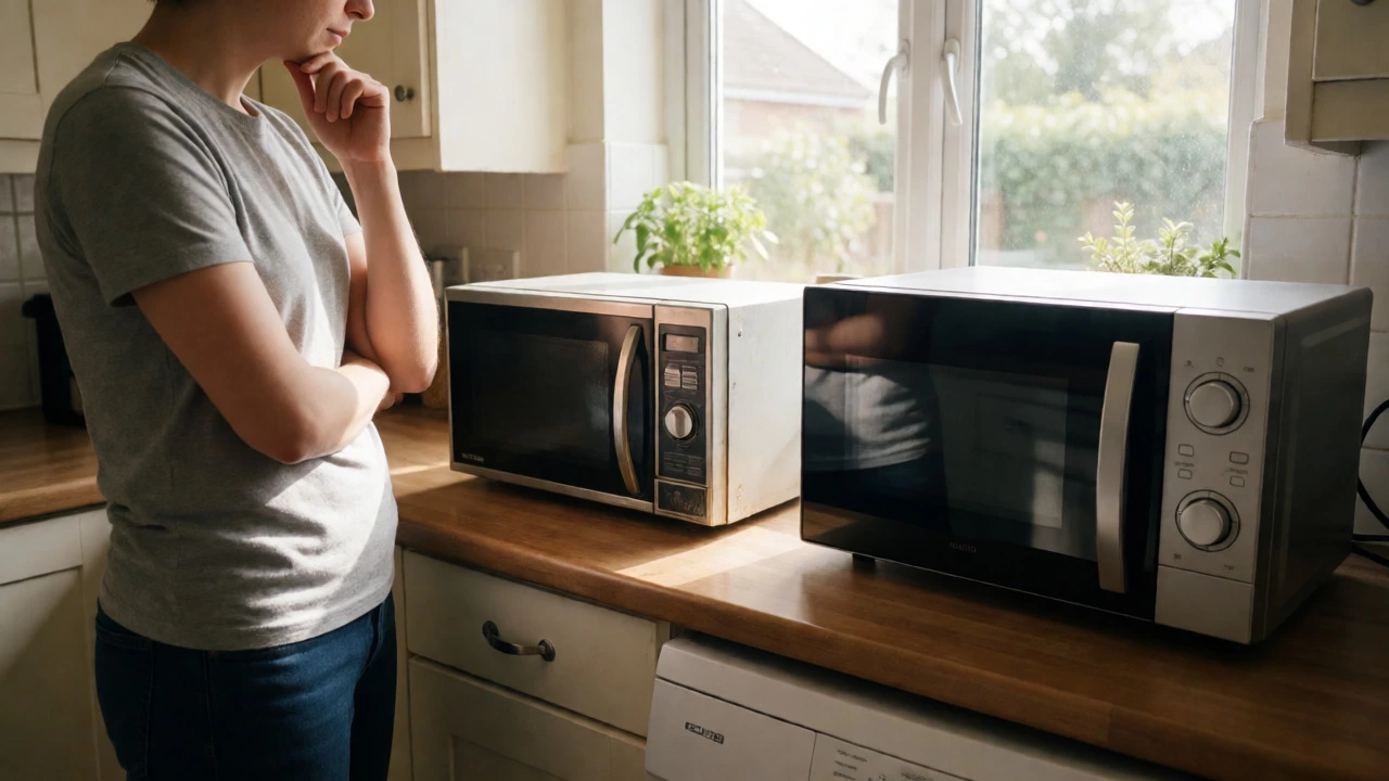 Person comparing an old worn microwave with a new sleek model on a kitchen counter