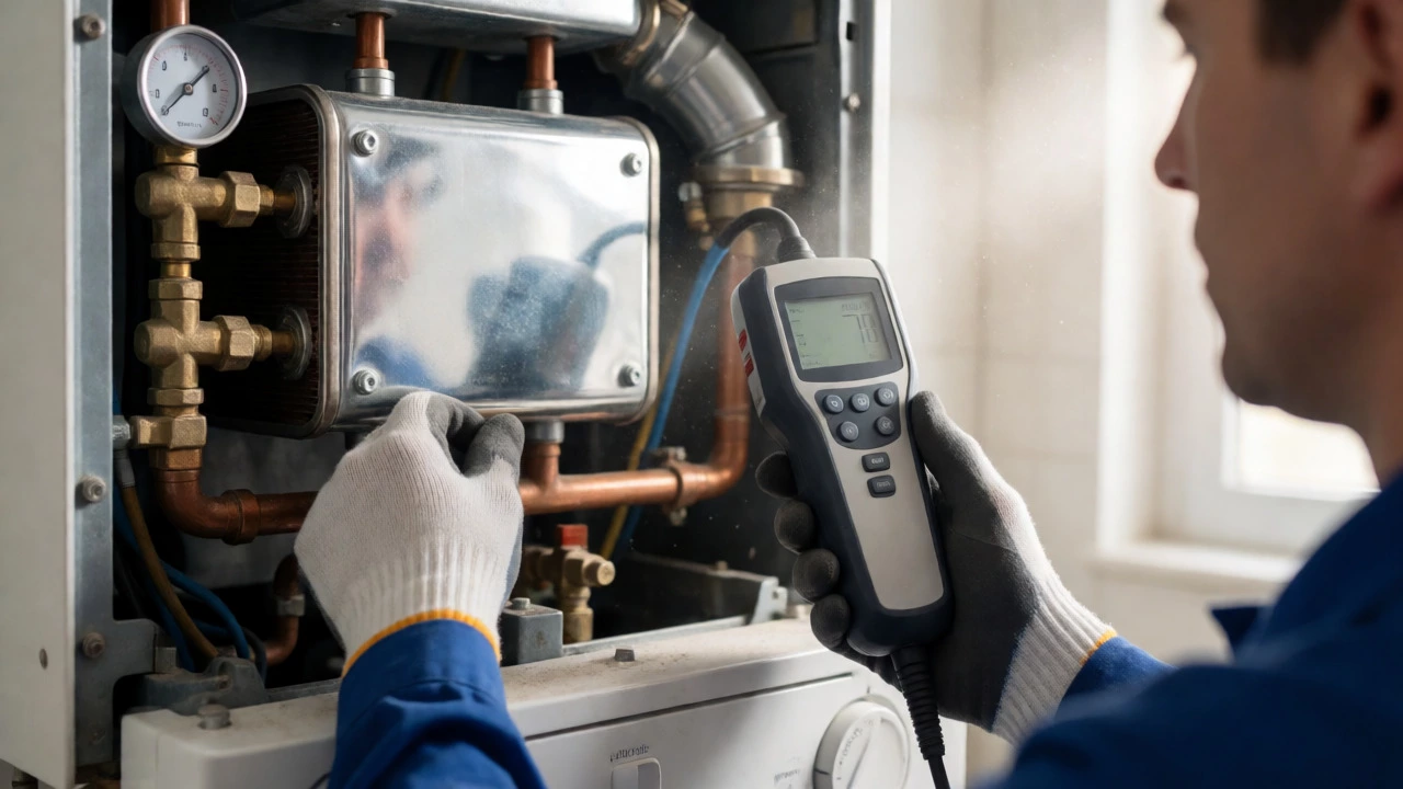 Technician inspecting internal boiler components with diagnostic tools