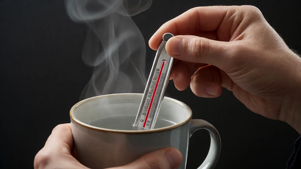 Thermometer measuring temperature of hot water in a mug