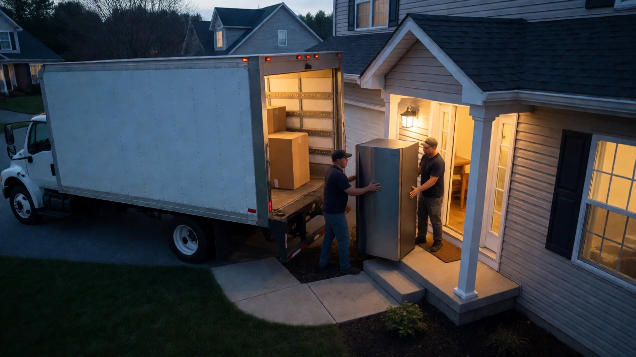 Workers delivering a new refrigerator into a house during twilight.