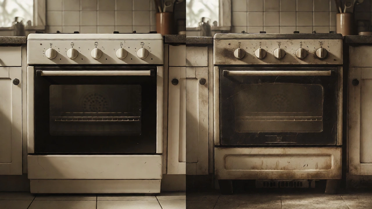 Artistic depiction of an oven aging from new to well-used.