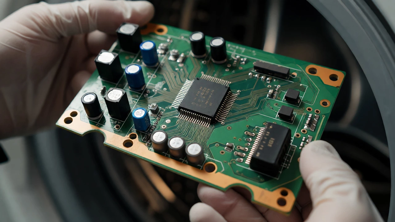Close-up of a washing machine main control board with electronic components