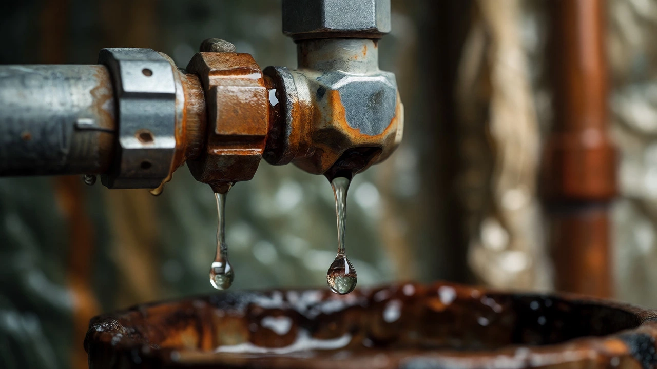 Close-up of dripping valve on corroded pipes