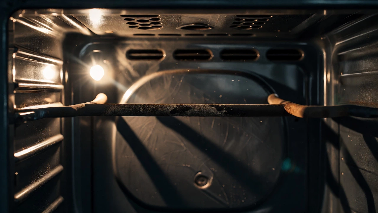 Close-up of worn heating element and carbon buildup inside old oven