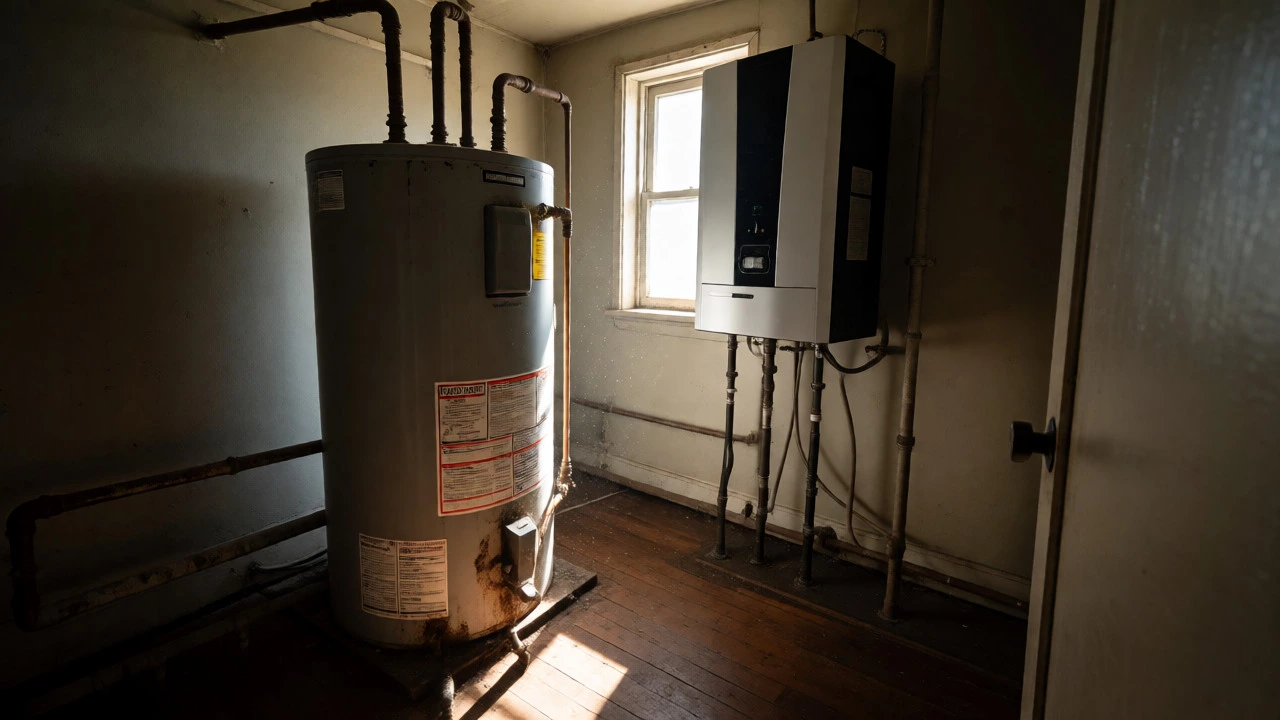 Comparison of storage and tankless water heaters in a utility room