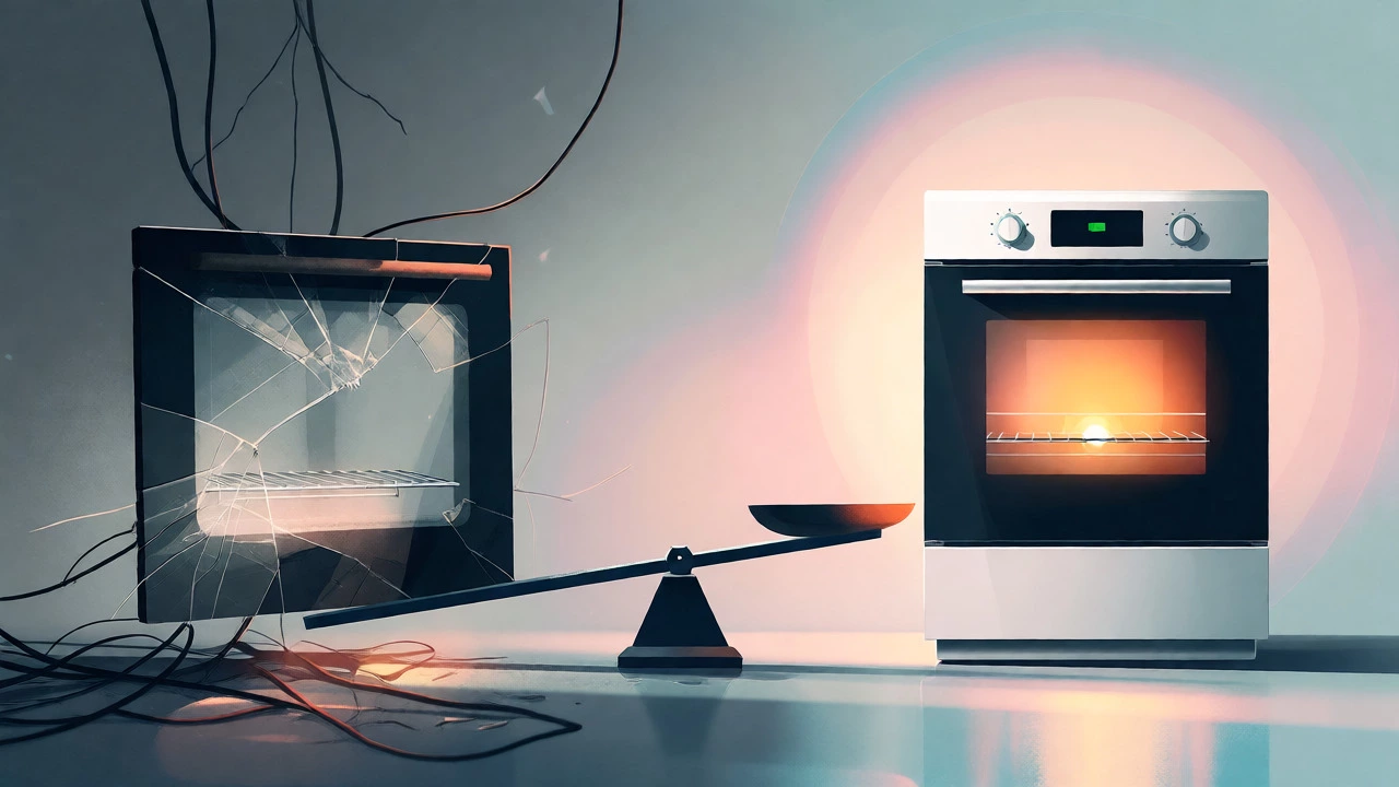 Conceptual art comparing broken old oven parts with new efficient oven