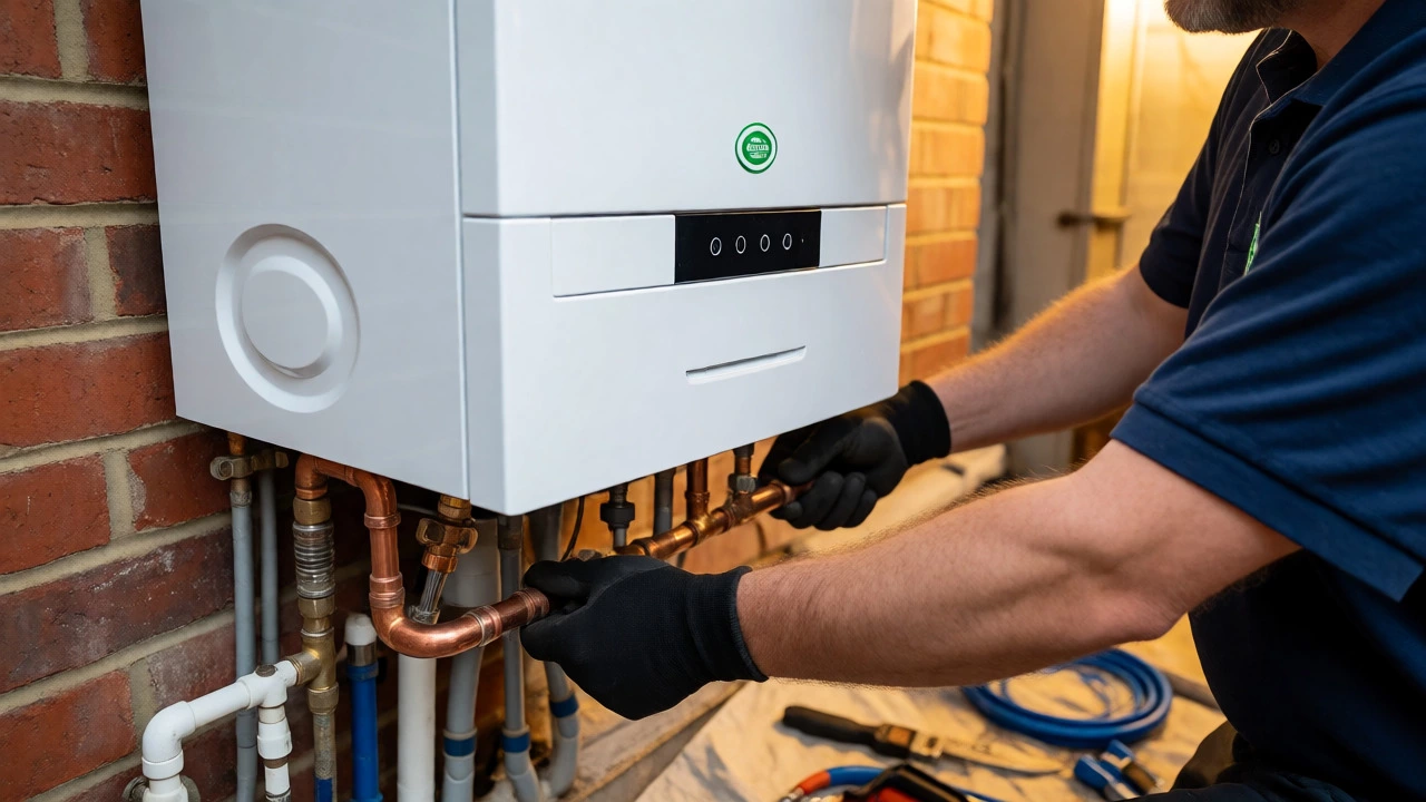 Engineer installing a new white boiler with copper pipes