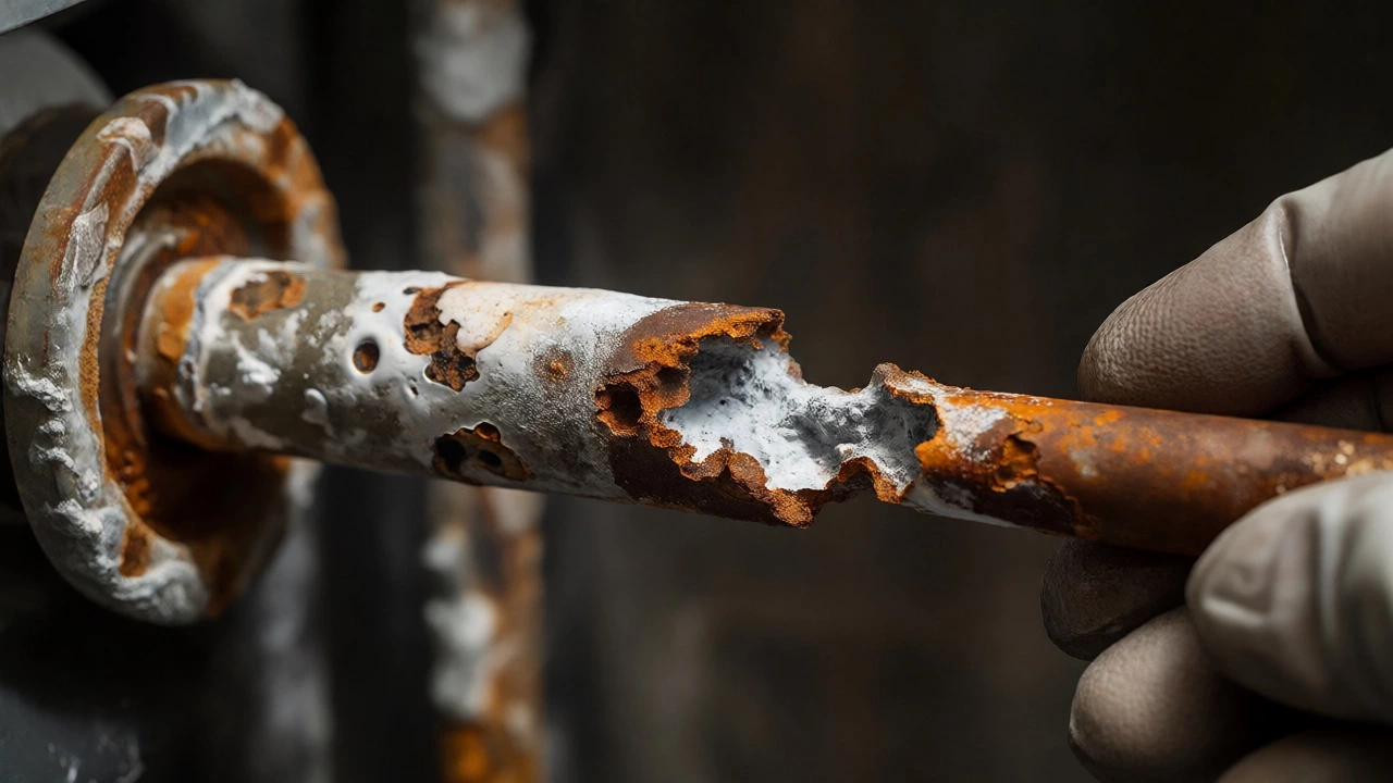 Heavily corroded and shortened anode rod removed from water heater