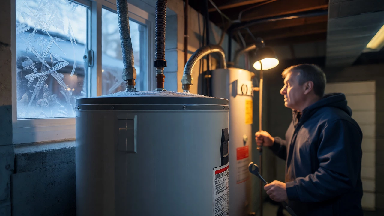 Homeowner inspecting water heater in cold basement