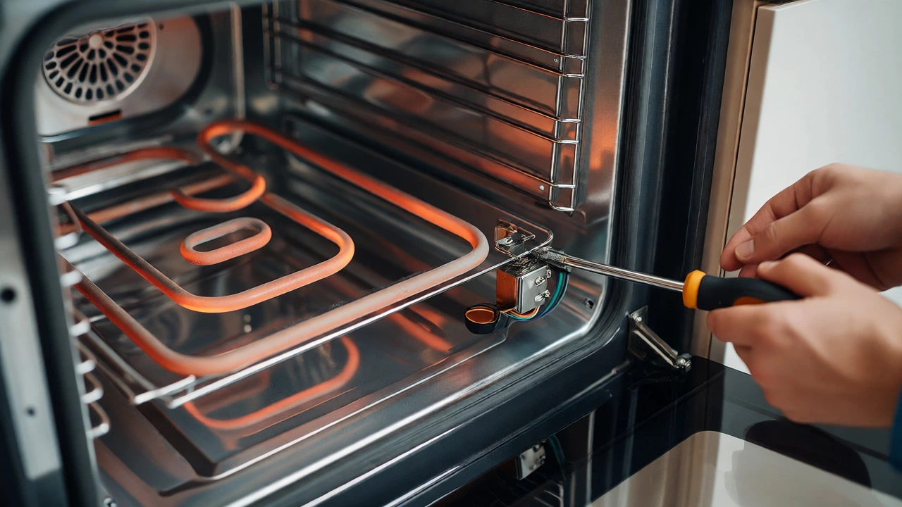 Macro shot of oven heating elements and internal parts being inspected by a technician during a repair.