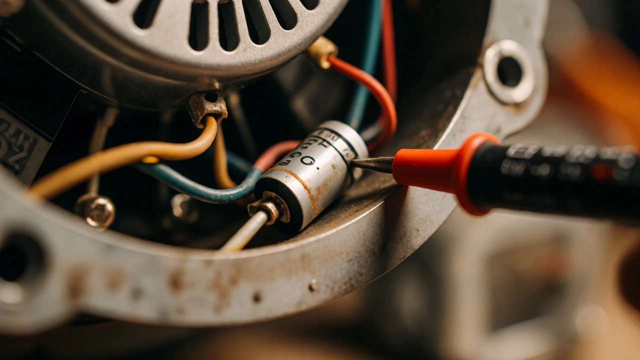 Macro view of testing an extractor fan capacitor with a multimeter inside the unit.