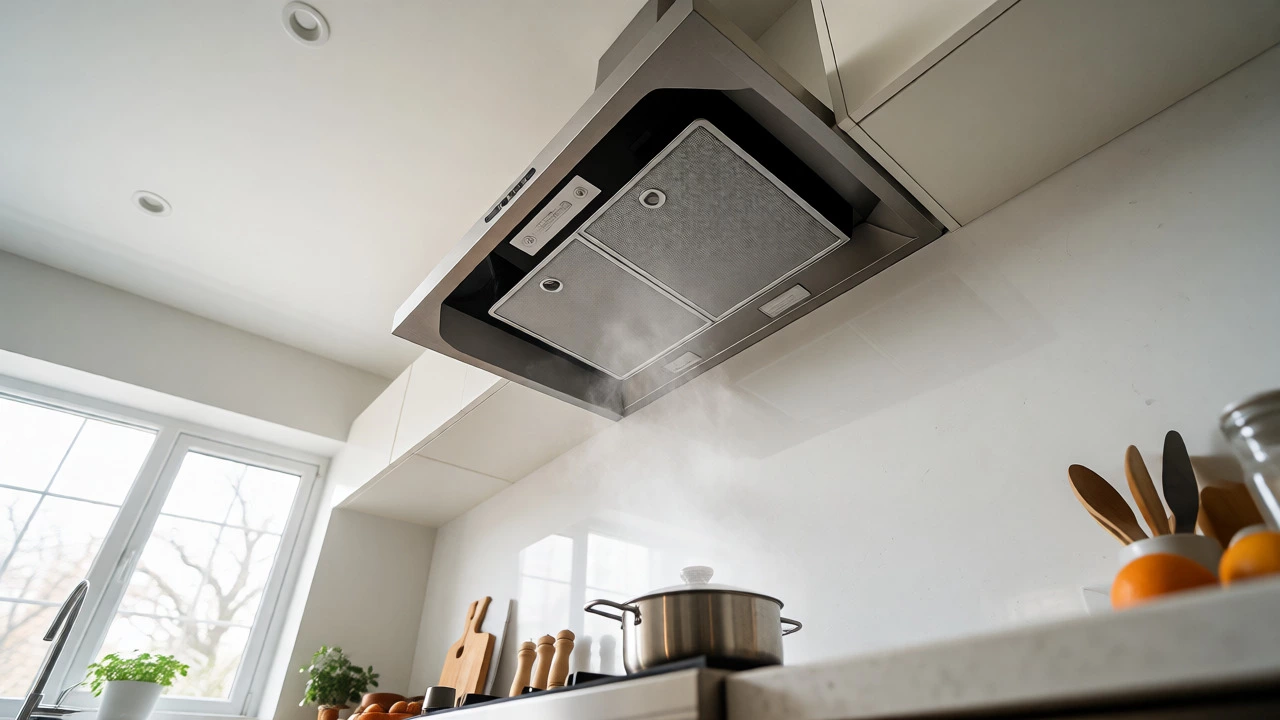 Modern kitchen range hood extracting steam from a stove in a bright room.
