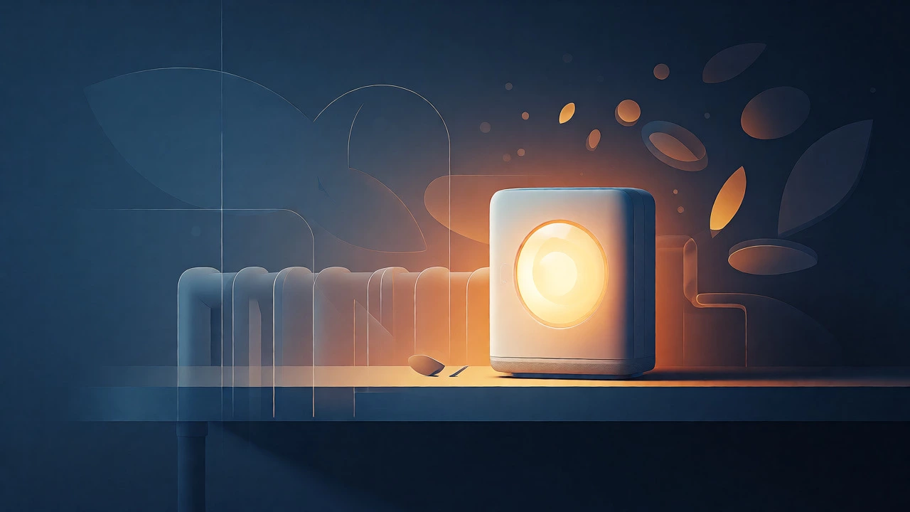 Modern smart thermostat glowing warmly in a minimalist home
