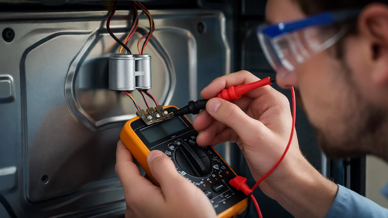 Multimeter testing a thermal fuse inside an oven