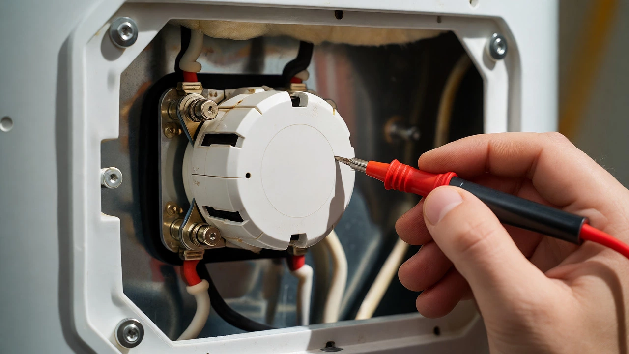 Multimeter testing a water heater thermostat terminal