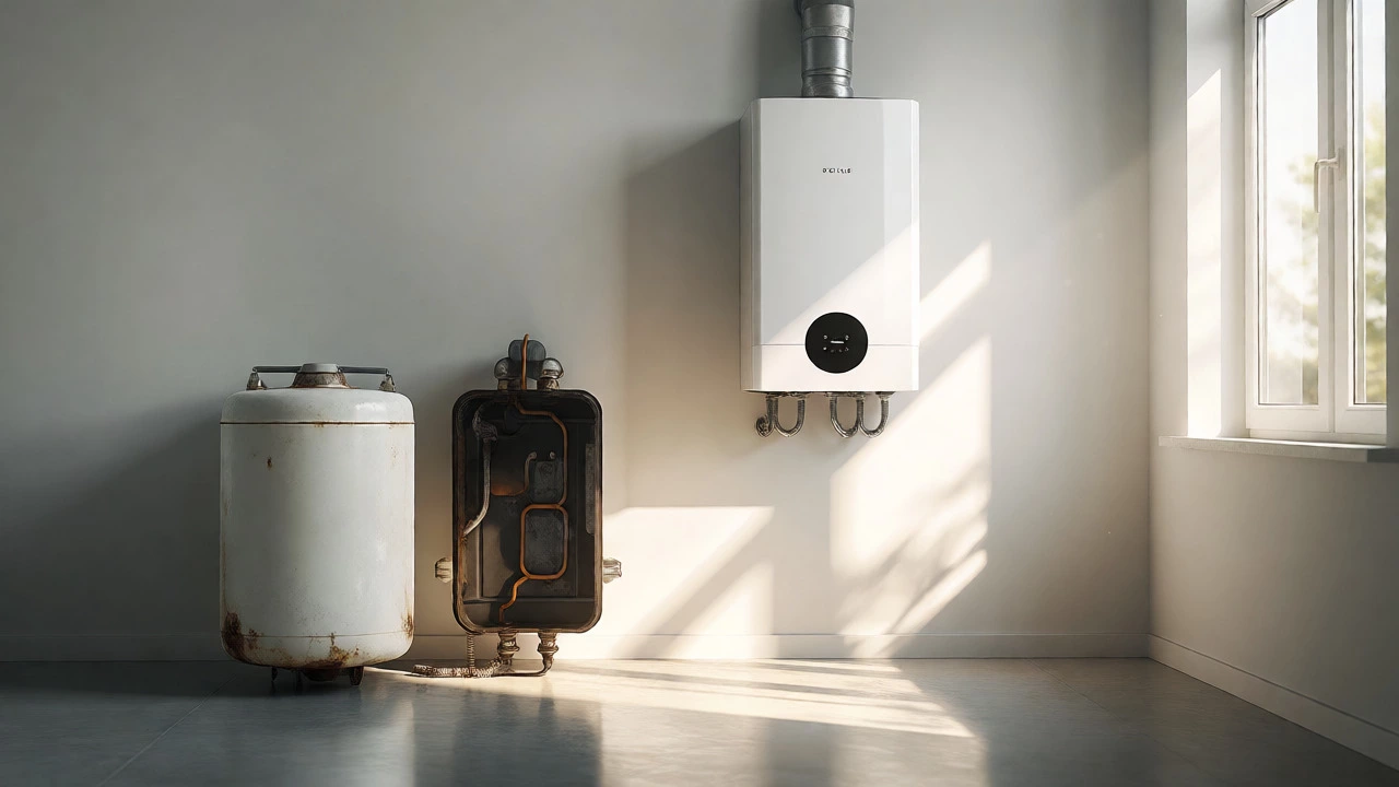 New tankless heater beside old rusted tank
