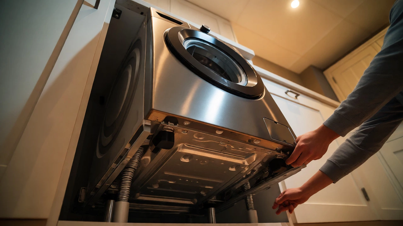 Person pulling a heavy washing machine out from under a kitchen counter