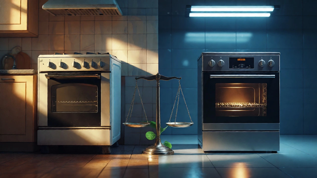 Split view comparing a warm, sustainable old oven with a cold, expensive modern replacement unit.