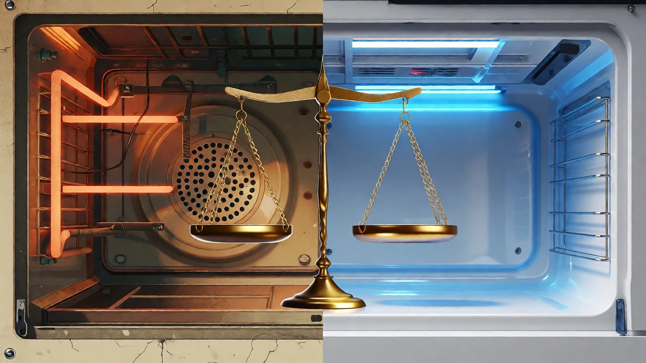 Split view comparing aging oven parts with a modern efficient unit