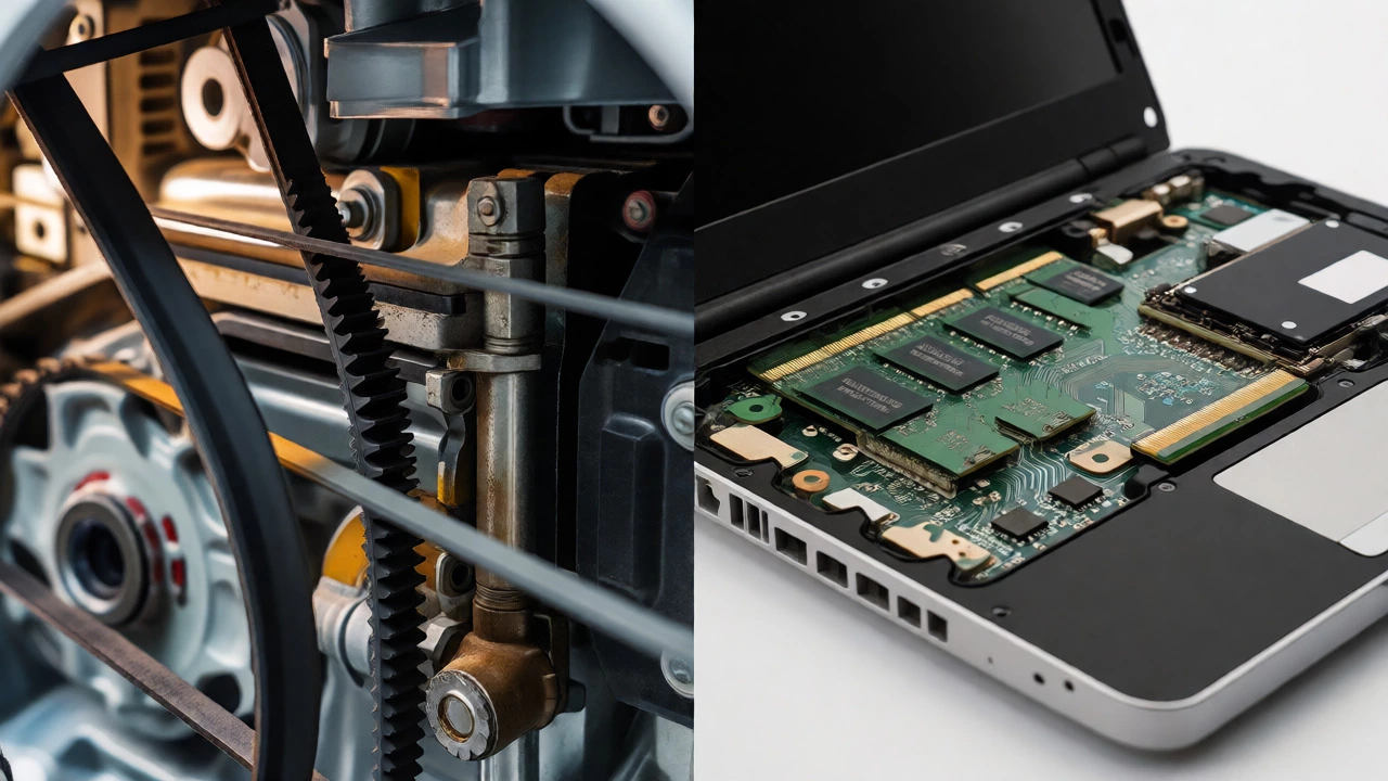 Split view showing washing machine mechanical parts next to laptop circuit board components