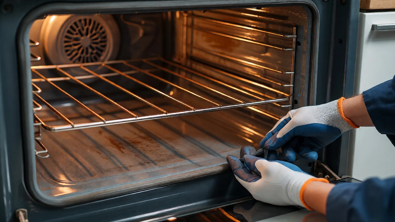 Technician inspecting the door seal inside a used oven.