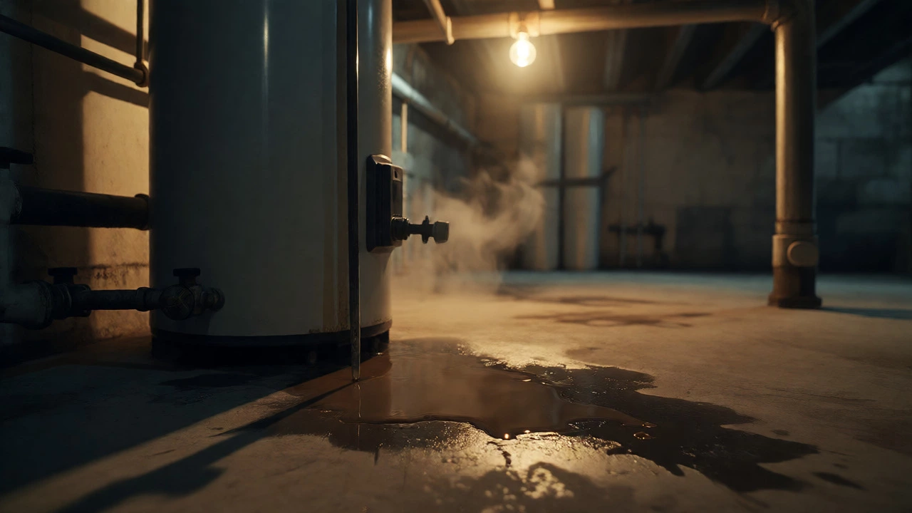 Water leak puddle forming under a water heater in a basement